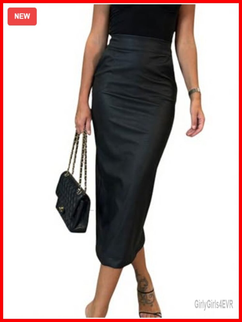 Womens Faux Leather Bodycon High Waist Pencil Midi Skirt Wear to Work